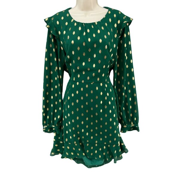 Hutch Confetti Chiffon Dress Emerald Green Gold Long Sleeve Cutout Sz 14 - Picture 1 of 15